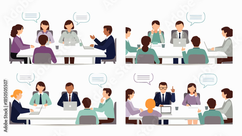 Diverse business teams collaborating in meetings, discussing ideas and working together