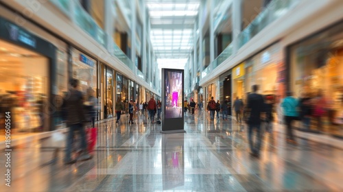A bustling indoor space with blurred motion, showcasing shops and people walking, focus on a digital display in the center