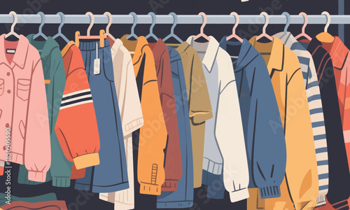 Clothes on hangers in the wardrobe Illustrator Artwork Banner Background Design Template 