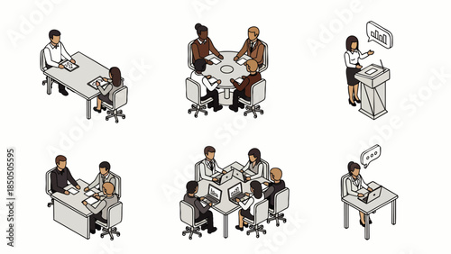 Diverse group of people in business meetings, collaborating and presenting ideas in a modern office setting.
