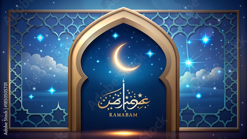 Ramadan Kareem Arabic calligraphy and crescent moon arch