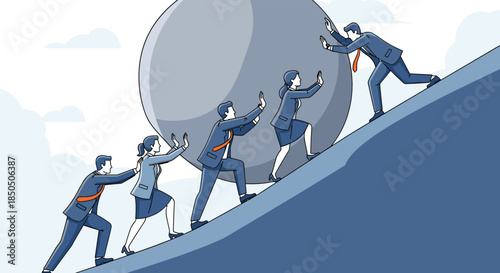 Flat Vector Illustration of a Business Team Working Together to Push a Large Heavy Sphere Up a Steep Hill, Representing Teamwork, Effort, and Overcoming Challenges.
