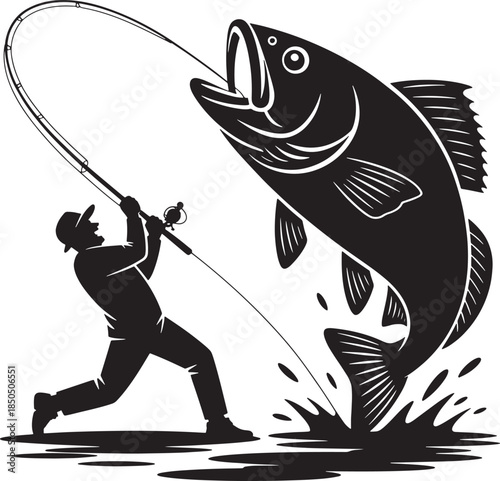 Black silhouette of fisherman catching big fish jumping out of water isolated