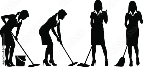 Businesswoman cleaning office silhouette set, professional women performing maintenance tasks, corporate workplace service concept, elegant staff black vector illustration isolated