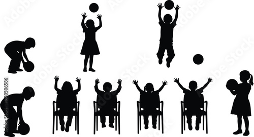 Children playing with ball silhouettes, inclusive kids activities with wheelchair children, joyful movement and teamwork, childhood play concept illustration, black kid figures vector set