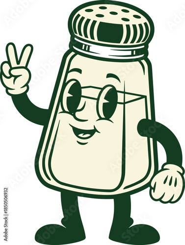 Smiling Salt Shaker Character Mascot Wearing Glasses and Giving a Peace Sign, Cute Retro Vintage 1930s Cartoon Style Vector Illustration for Food and Culinary Design