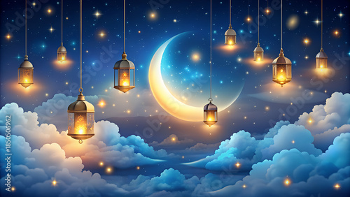 Ramadan night with hanging lanterns crescent moon and starry sky