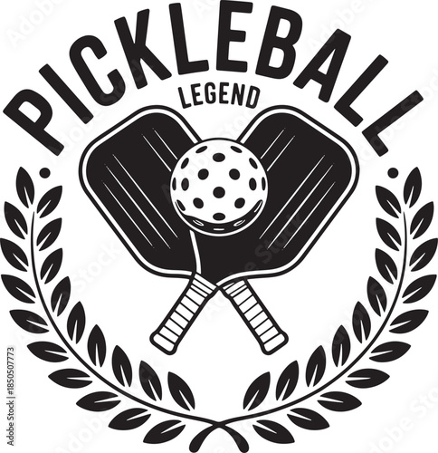 Pickleball legend illustration with laurel wreath and crossed paddles for apparel design