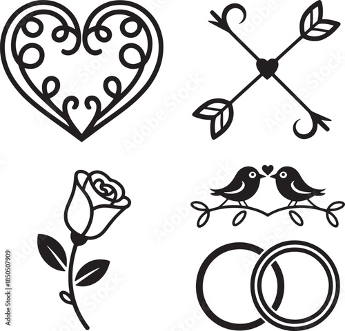 Set of wedding design elements heart arrows birds rose rings black and white