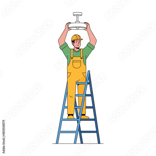 A male electrician is replacing a light bulb, vector illustration