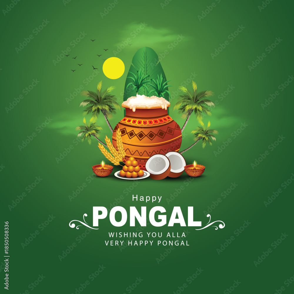 Fototapeta premium Tamil Nadu festival Happy Pongal with Pongal props, holiday Background, pongal celebration greeting card, abstract vector illustration design.
