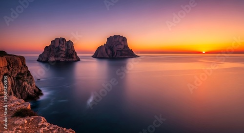 Stunning Sunset over Es Vedra and Es Vedranell, Ibiza, Spain.