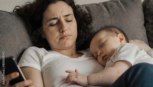 Tired Motherhood Moment: A weary mother, cradling her sleeping infant, gazes down at her mobile phone, depicting the daily grind of modern parenthood.