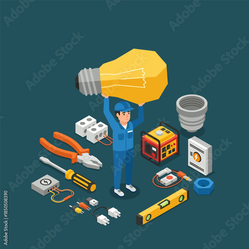 3d isometric vector illustration design, a male electrician with his tools
