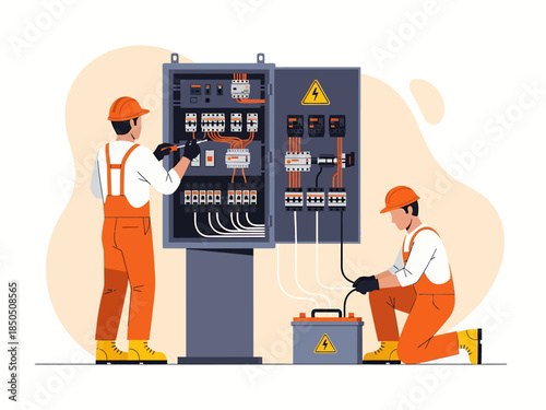 Electrician are repairing the generator, vector illustration