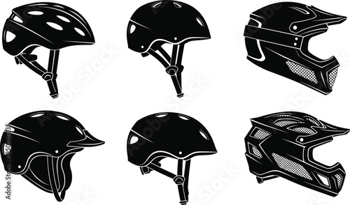Black Silhouette Set Vector of Various Bike Helmets, Motorcycle Head Protection Gear, Cycling Safety Equipment, Mountain Biking, Motocross, and Downhill Sport Accessories