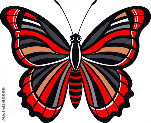 Colored line art vector of a Red Admiral butterfly with striking red bands on dark wings, posed symmetrically. Flat design colors, white background.