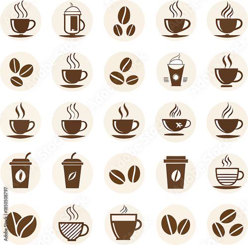 Collection of coffee cups and beans icons in brown and beige tones drink msea