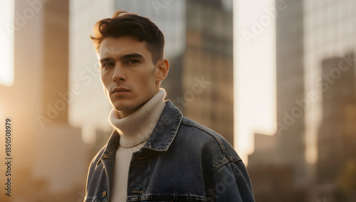 Urban Fashion Portrait: A charismatic man stands confidently against a backdrop of modern skyscrapers.