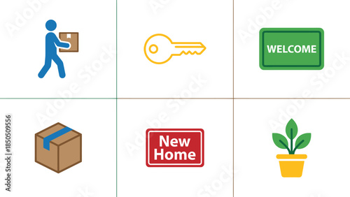 New Home Moving Icons Person Carrying Box Key Welcome Sign Package New Home Sign Potted Plant