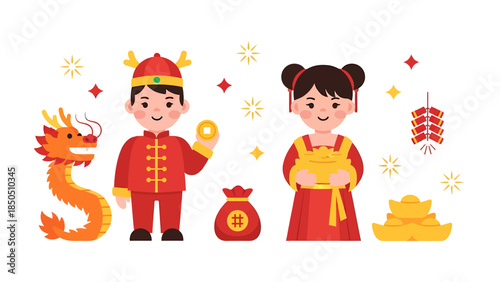 Boy and girl celebrate chinese new year, vector illustration design