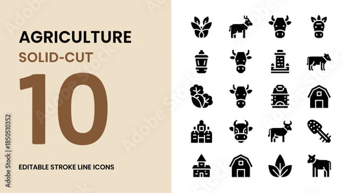 Agriculture Solid Cut 10 Editable Stroke Line Icons Collection.