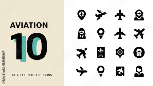 Aviation Icons Set Representing Air Travel and Transportation Services.