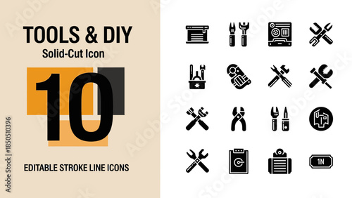 Collection of 10 Solid Cut Icons for Tools and DIY Projects.