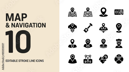 Map and Navigation Icons Set Editable Stroke Line Icons.