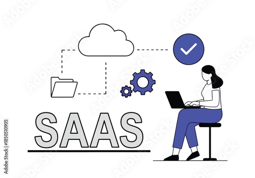 Saas cloud computing with user and gears illustration - Vector stock illustration - Technology stock illustration - Business stock illustration - website stock illustration