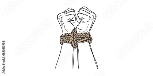 Illustrator vector single continuous line drawing of hands tied together with a rope. Minimalist sketch concept for lack of freedom, human trafficking, slavery, kidnapping, prisoner, criminal arrest.