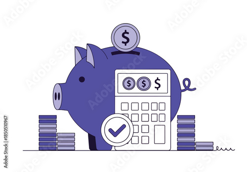 Piggy bank with calculator and coins, financial planning illustration - Vector stock illustration - Technology stock illustration - Business stock illustration - website stock illustration
