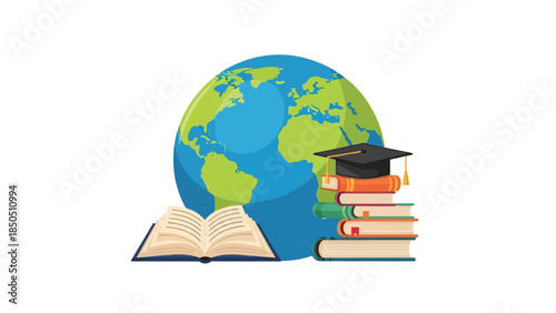 Globe with Books and Graduation Cap.