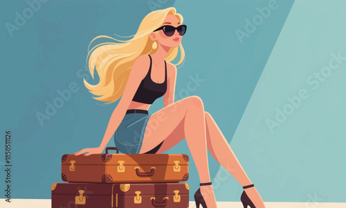 Beautiful Woman Sitting on a Suitcase Illustrator Artwork Banner Background Design Template 