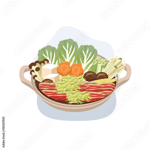 japanese hot pot nabe ingredients tofu mushrooms and sliced meat in clay pot.