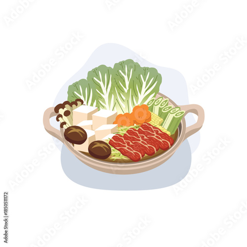 japanese hot pot nabe served in a clay pot with beef tofu and vegetables