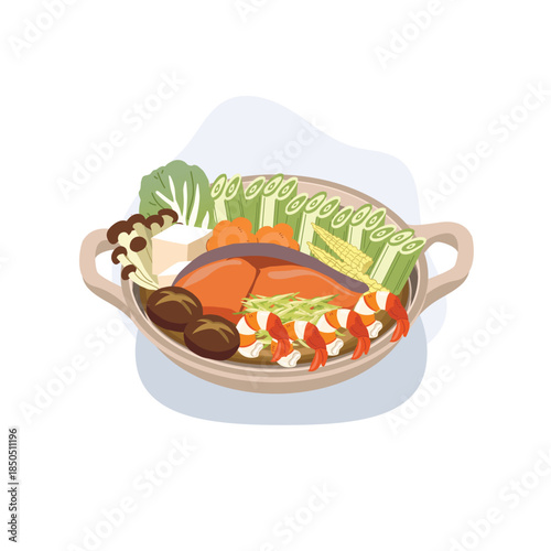 japanese food nabemono hot pot in donabe with shrimp vegetables and tofu