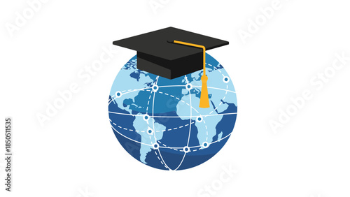 Graduation Cap on Globe Representing Global Education.
