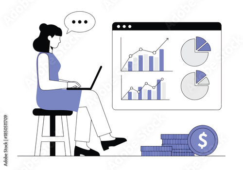 Woman analyzes financial charts on laptop, stacks of coins nearby - Vector stock illustration - Technology stock illustration - Business stock illustration - website stock illustration
