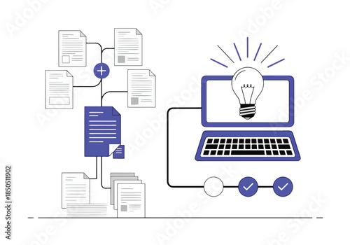 Digital workflow processing document data for innovative ideas - Vector stock illustration - Technology stock illustration - Business stock illustration - website stock illustration