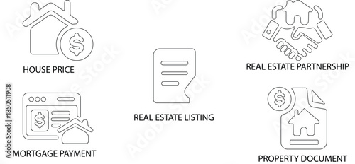 Real Estate House Sale and Rent Investment Vector Icons Set.real estate, house, home, rent, sale, mortgage, investment, icon, vector and more.outline icons collection.