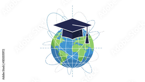 Graduation Cap on Globe Symbolizing Global Education.