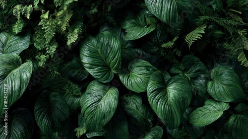 A close-up view showcasing lush, deep-green foliage of various plant species, with textures ranging from smooth to heavily veined
