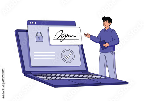 Digital signature on laptop screen with man holding document - Vector stock illustration - Technology stock illustration - Business stock illustration - website stock illustration