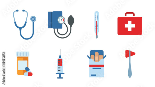 Medical Health Care Icons Collection Stethoscope Syringe Pills Thermometer First Aid Kit Blood Pressure Monitor Reflex Hammer Vector Flat Set