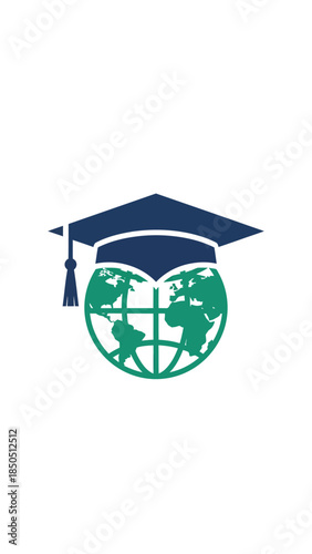 Graduation Cap with Globe Icon Symbol.