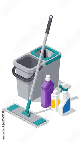 Rendered in a clean isometric style, this graphic features a grey mop bucket system accompanied by a flat mop and three assorted cleaning bottles, symbolizing organized domestic sanitation