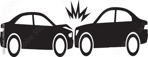 Black silhouette of two cars colliding head on with impact lines car accident collision