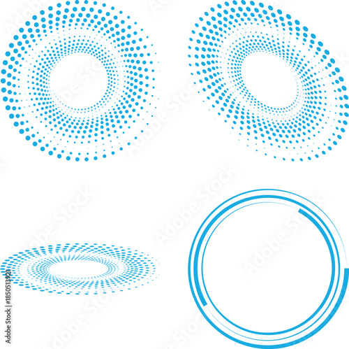 Abstract blue circular patterns with dotted and solid designs