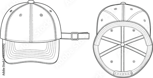 Baseball cap front and bottom view line drawing headwear front view
